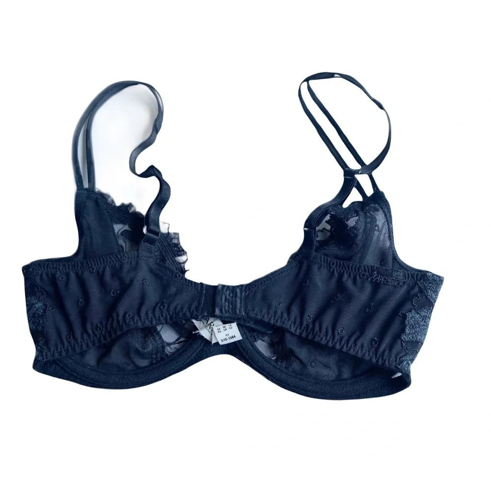Marie Jo Black Sheer Lace Full Cup Underwire Bra Size 32D Plunge Mesh Polka Dots